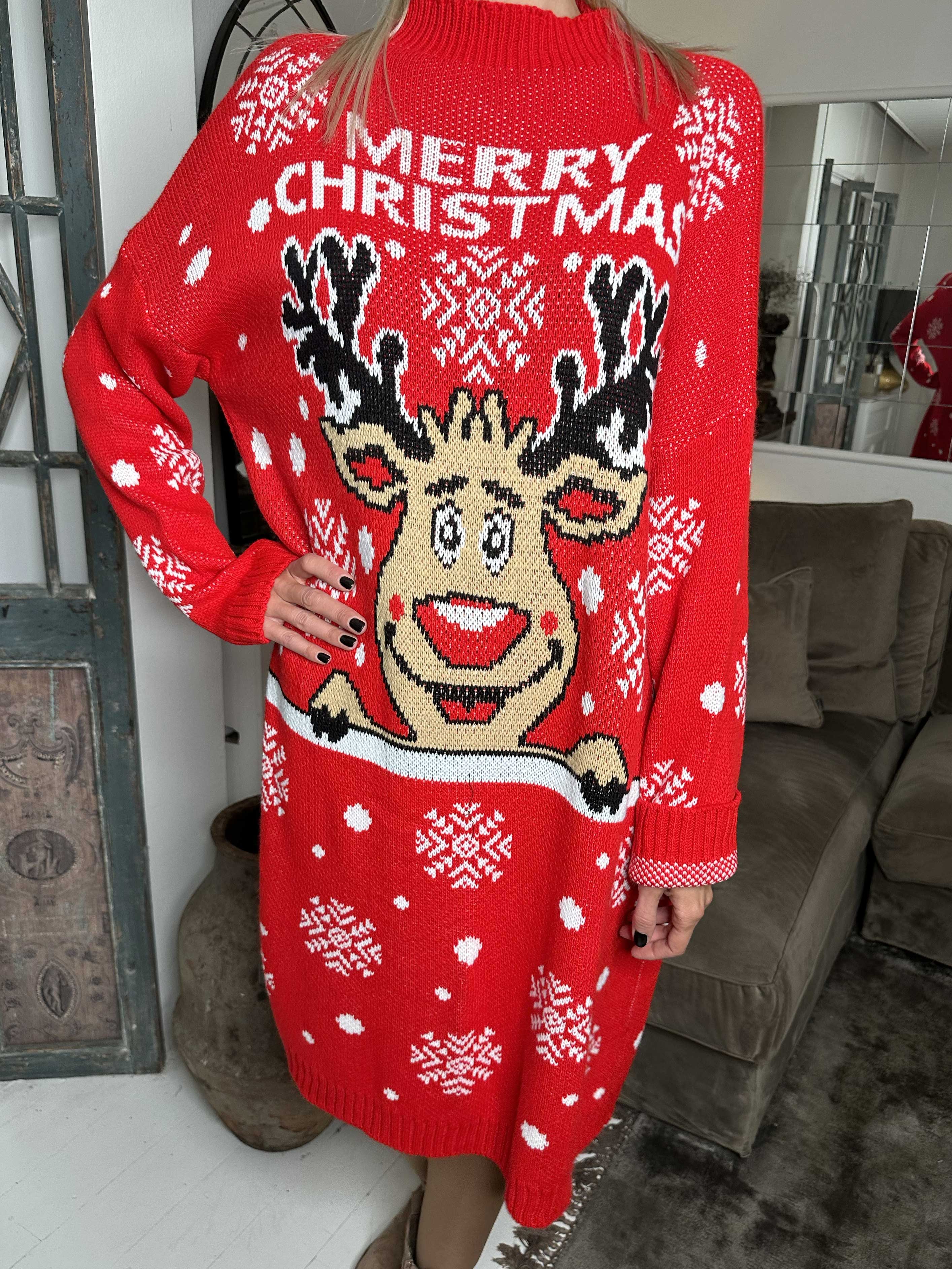 Rudolf - Julestrikkjole med snefnug og rudolf motiv